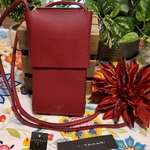 T TAHARI Leather Mini Slider Crossbody Bag Bloodstone